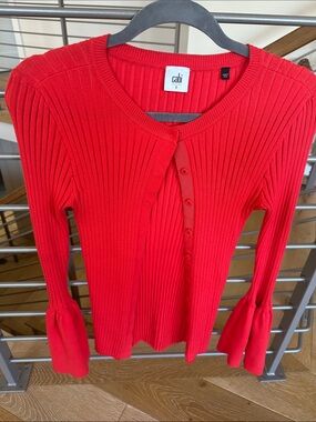 CAbi Slim Ribbed Button-Up Lightweight Sweater in Bright Red/Orange. In⏰🙀😎